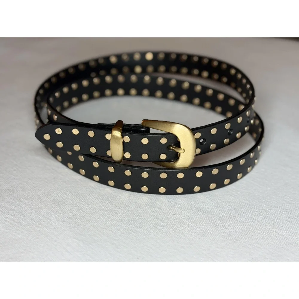 Madewell Flat Studded Western Belt Women's XL Black Leather Gold Buckle Boho